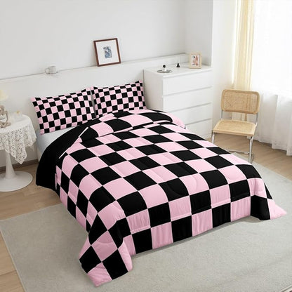 Feelyou Checkered Bedding Set Teen Women Men Pink Black Plaid Comforter Set King Size Kids Boys Girls Cute Retro Neutral Checkerboard Geometric Duvet Insert Vintage Aesthetic Room Decor