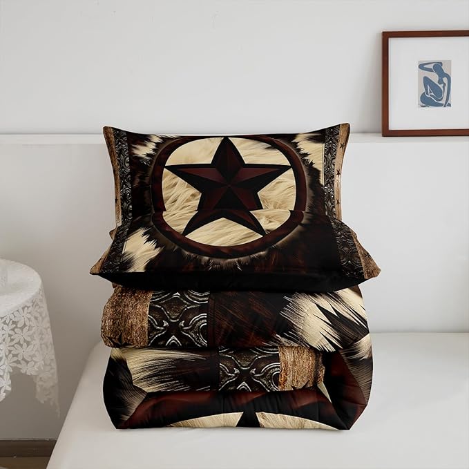 Cow Print Bedding Set Full Size,Retro Cowhide Comforter Set for Kids Teens Adult,Geometric Western Texas Stars Duvet Insert Lightweight,Rustic Farmhouse Animal Fur Down Comforter with 2 Pillowcases