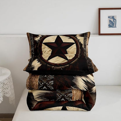 Cow Print Bedding Set Full Size,Retro Cowhide Comforter Set for Kids Teens Adult,Geometric Western Texas Stars Duvet Insert Lightweight,Rustic Farmhouse Animal Fur Down Comforter with 2 Pillowcases