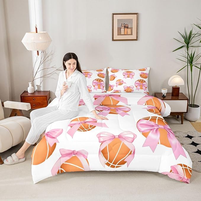 Bowknot Basketball Comforter Set Full Size,Pink Bow Knot Print Bedding Sets 3Pcs for Kids Girls Women Room Decor,Ball Sport Games Theme Duvet Insert Cute Cartoon Girly Down Comforter,2 Pillowcases