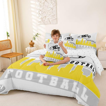 Erosebridal Football 7 Pcs Comforter Set King Football City Bedding Teens Grey Yellow Football Fans Sheet Set Bed in A Bag Rugby Game Room Decor Sports Ball Competition Quilt