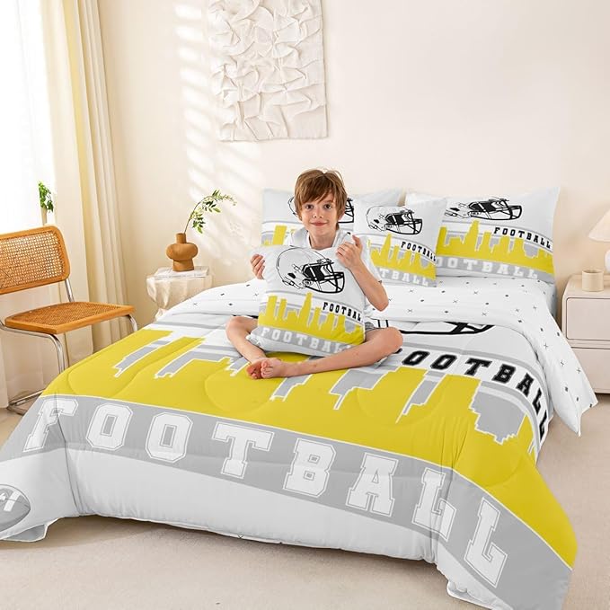 Erosebridal Football 7 Pcs Comforter Set Full Football City Bedding Teens Grey Yellow Football Fans Sheet Set Bed in A Bag Rugby Game Room Decor Sports Ball Competition Quilt