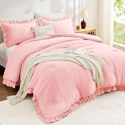 FUANNA Twin Comforter Set Pink, 2 Pieces Ruffle Twin Bed Set, Fluffy Twin Bedding Sets for All Seasons, Farmhouse Bed in a Bag with 1 Comforter & 1 Pillowsham