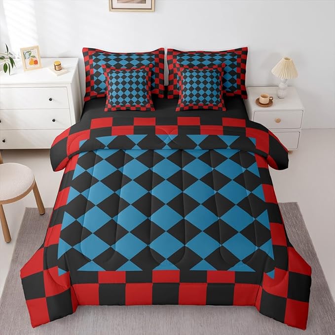 Feelyou Checkered Retro King Comforter Set with Sheets for Kids Boys Girls Red Blue Black Plaid 7 Pieces Bedding Set Geometric Vintage Bed in a Bag Modern Simple Groovy Aesthetic Room Decor Soft