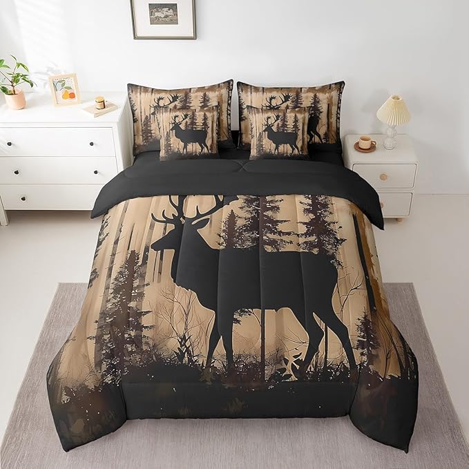 Erosebridal Full Size Deer Bedding Set 7 Pieces for Kids Teens Adults - Woodland Deer Hunting Bed in A Bag Rustic Farmhouse Style Comforter Set with Sheets Country Rural Cabin Lodge Duvet Insert