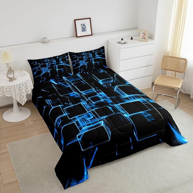 Erosebridal Blue and Black Kids Comforter Set, Modern Geometric Square Bedding for Boys Girls Gradient Neon Light Honeycomb Duvet Insert Abstract Bed Set King 3 Pieces