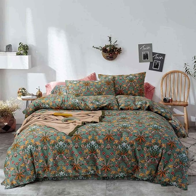 Bohemia Comforter Set Queen Size, Dark Green Vintage Floral Pattern Printed Bedding Sets - 3 Pcs Soft and Lightweight Duvet Bed in a Bag for Women Boho Bed Home Decor, 90x90 inch