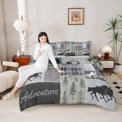 Erosebridal Rustic Farmhouse Comforter Set, Western Horse Bedding Twin for Kids Teens Adult, Farm Animal Horseshoe Quilt Western Decor for Home, Riding Boots Forest Grid Patchwork Duvet Sets, Blue