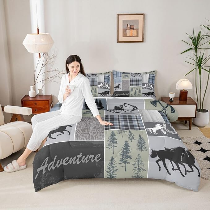 Erosebridal Rustic Farmhouse Comforter Set, Western Horse Bedding Full for Kids Teens Adult, Farm Animal Horseshoe Quilt Western Decor for Home, Riding Boots Forest Grid Patchwork Duvet Sets, Blue