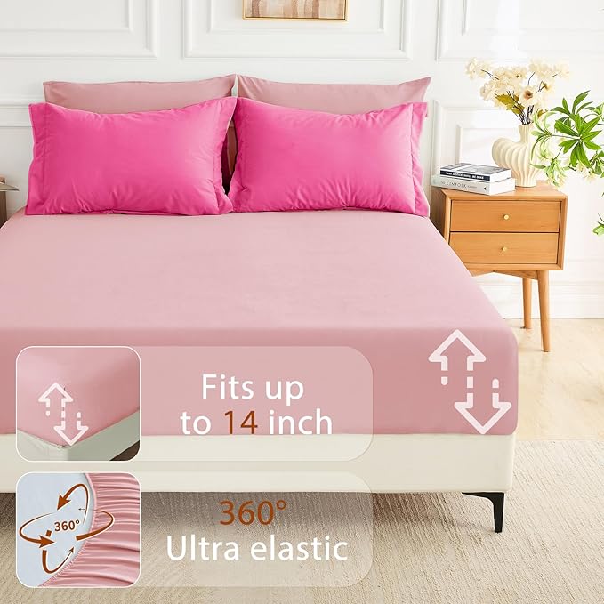 MUXHOMO 7 Pieces Full Comforter Set, Soft Bed in a Bag Full Size, All Season Bedding Set with Comforter, Flat Sheet, Fitted Sheet, Pillowcases & Shams, Hot Pink & Baby Pink