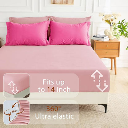 MUXHOMO 7 Pieces Full Comforter Set, Soft Bed in a Bag Full Size, All Season Bedding Set with Comforter, Flat Sheet, Fitted Sheet, Pillowcases & Shams, Hot Pink & Baby Pink