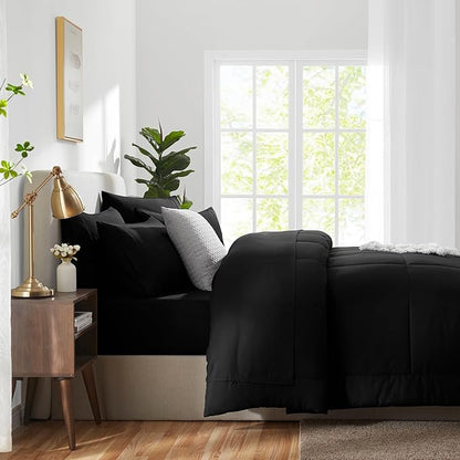 CozyLux King Size Comforter Set Black, 7 Pieces Bed in a Bag, Black Comforter King Size, All Season Bedding Sets with Stitch Quilted Comforter, Flat Sheet, Fitted Sheet, Pillowcases