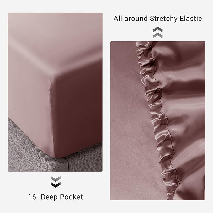 THXSILK 100% Mulberry Silk Fitted Sheet Set, 7A+ Silk 3 Pieces Bed Sheets, Breathable, Smooth, 16 Inch Deep Pocket Fitted Sheet, 2 Pillowcases - Purple, Twin