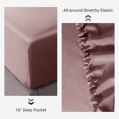 THXSILK 100% Mulberry Silk Fitted Sheet Set, 7A+ Silk 3 Pieces Bed Sheets, Breathable, Smooth, 16 Inch Deep Pocket Fitted Sheet, 2 Pillowcases - Purple, Twin