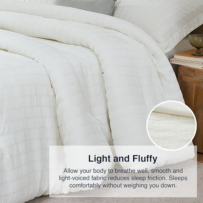 Beige King Comforter Set - 3 Pieces Seersucker Lightweight Bedding Comforter Sets (1 Soft Fluffy Comforter & 2 Pillowcases) - All Seasons Cozy Farmhouse Bed Sets for Women Men