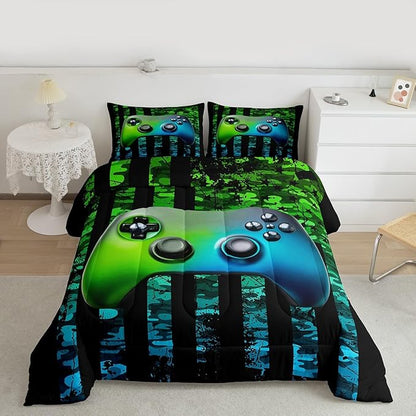 Gamer Bedding Sets for Boys American Flag Comforter Set Twin Size Gaming Comforter Military Camo Retro Down Comforter Kids Game Room Decor Teens Adult Green Blue Gamepad Duvet Set,Black,Warm Soft
