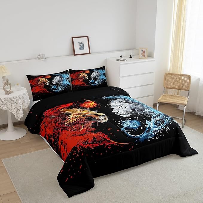 Manfei Exotic Lions Comforter Twin for Kids Adults Youth,Fire Water Animals Boho Style Quilt Comforter Room DecorGothic Animals Fighting Yin Yang Quilted Duvet Duvet Insert,1 Pillowcase