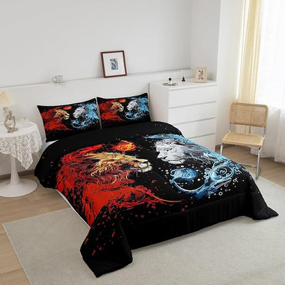 Manfei Exotic Lions Comforter Twin for Kids Adults Youth,Fire Water Animals Boho Style Quilt Comforter Room DecorGothic Animals Fighting Yin Yang Quilted Duvet Duvet Insert,1 Pillowcase