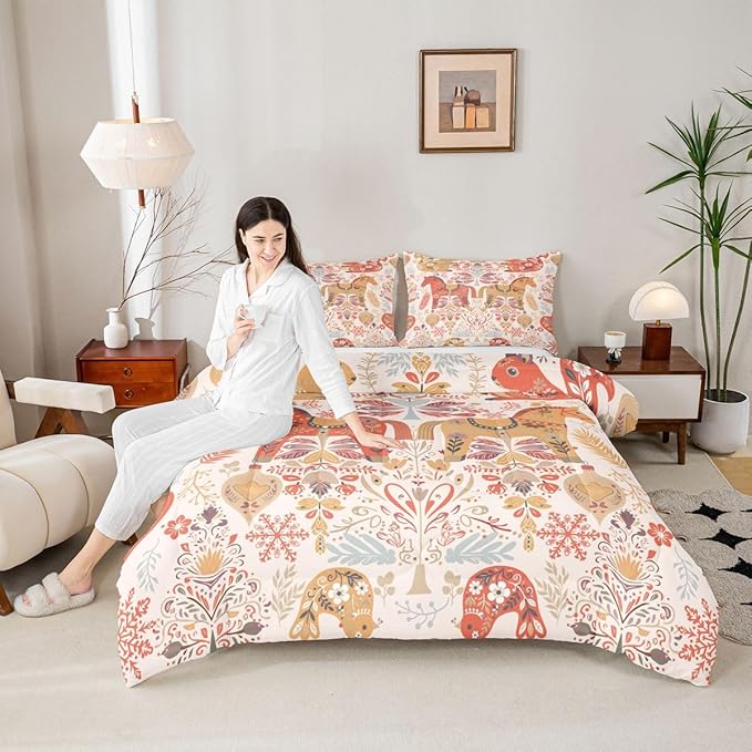 Flower Horse Comforter Set Twin Size,Rustic Farmhouse Bedding Sets 2Pcs for Kids Girls Boys Women Room Decor,Boho Squirrel Bird Quilted Duvet Xmas Bells Snowflake Down Comforter,1 Pillowcase