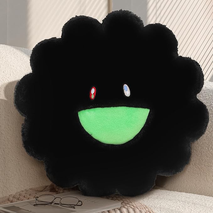 Flower Pillow,Flower Shaped Throw Pillow,Cute Smiley Face Floor Cushions,Colorful Sunflower Plush Pillows,Cute Plushie Room Decor,Valentines Day Decorative Pillows for Bedroom,Sofa,Dorm (Black,23.6In)
