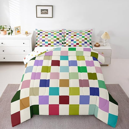 Feelyou Colorful Checkered Bedding Set Teen Women Men Retro Modern Geometric Colorful Comforter Set Toddler Size Kids Boys Girls Cute Neutral Plaid Duvet Insert Vintage Aesthetic Room Decor