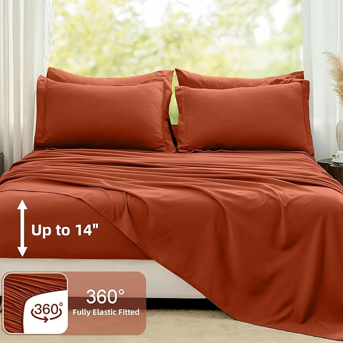 FUANNA Full Size Comforter Sets Burnt Orange, 7 Pieces Soft Bed in a Bag Full, All Season Lightweight Bed Sets with Comforter, Flat Sheet, Fitted Sheet, Pillowcases & Shams
