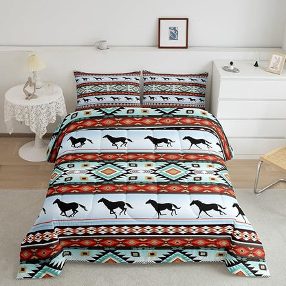 Feelyou Kids Western Decor Comforter Set Southwestern Bedding Set Toddler Size Bedroom Decor Galloping Horse Wild Western Cowboy Geometric Comforter Green Red Duvet Set with 1 Pillow Case