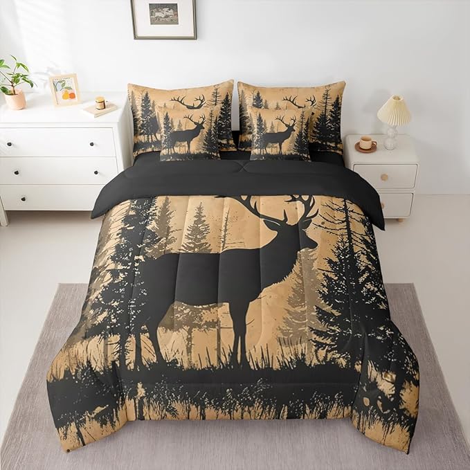Erosebridal Full Size Deer Hunting Comforter Set with Sheets 7 Pcs | Rustic Cabin Lodge Bedding Set for Kids Boys Girls Cute Deer Silhouette Bed in A Bag Country Woodland Farmhouse Quilt Sets