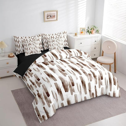 Erosebridal 7Pcs Brown and White Ink Painting Watercolor Comforter Set Queen,Abstract Art Aesthetic Striped Bed in A Bag for Adults Women Men,Boho Modern Quilt,Graffiti Gradient Geometric Bedding