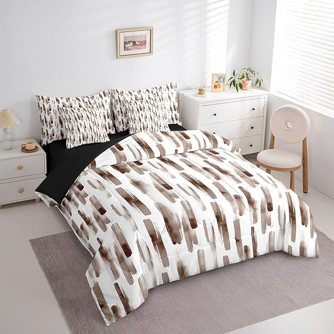 Erosebridal 7Pcs Brown and White Ink Painting Watercolor Comforter Set Twin,Abstract Art Aesthetic Striped Bed in A Bag for Adults Women Men,Boho Modern Quilt,Graffiti Gradient Geometric Bedding