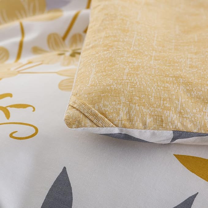SLEEPBELLA Comforter Queen Size, 600 Thread Count Cotton Grey Branch with Yellow Flower & Grey Leaves Pattern Orange Reversible Comforter Set,Down Alternative Bedding Set 3Pcs(Queen, Yellow Botanical)