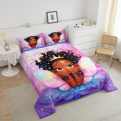 Manfei Cute Girl Comforter Set King Size, Black Princess with Wings Down Comforter, Pink Purple Glitter Galaxy Bedding Set for Kid Women Adult Room Decor, Reversible Duvet Insert,2 Pillowcases