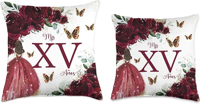 Chic Rich Burgundy Floral Quinceañera Mis XV 15 Años Throw Pillow
