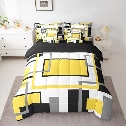 Erosebridal 7Pcs Yellow Black Modern Square Abstract Comforter Set Full,Geometric Bed in A Bag for Women Men Adults,Boho Graffiti Stripes Striped Bedding with Bed Sheets,Mid Century Minimalist Quilt