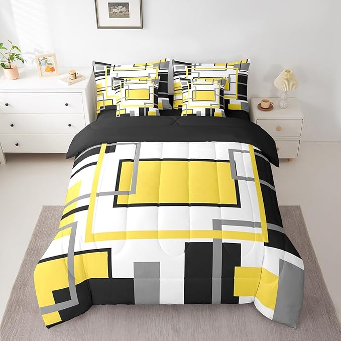 Erosebridal 7Pcs Yellow Black Modern Square Abstract Comforter Set Twin,Geometric Bed in A Bag for Women Men Adults,Boho Graffiti Stripes Striped Bedding with Bed Sheets,Mid Century Minimalist Quilt