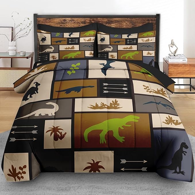 Comforter Set Twin Size, Dino Animal 5 Pcs Bedding for Kids and Adults, Cute Dinosaur Bed Sheet Sets with Fitted Sheet Pillowcase & Sham for Bedroom Bed Decor