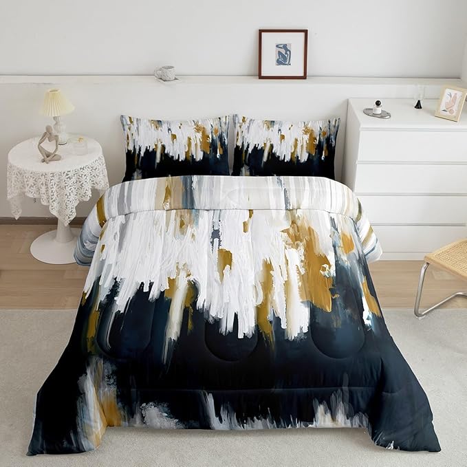 Gray Blue Bedding Set King Gradient Stripe Comforter Set, Modern Oil Painting Graffiti Duvet Insert Watercolor Abstract Artwork Quilt Sets, Aesthetic Chic Vintage Bedding Comforters & Sets Lightweight