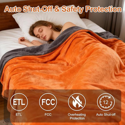 Heated Blanket Electric Blanket King 90"x100" Dual Control Flannel Heating Blanket with 12 Heat Levels 12H Timer Auto Shut-Off Overheat Protection Soft & Cozy Machine Washable