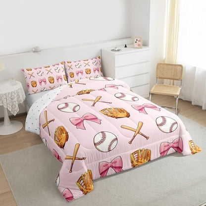 Castle Fairy Bow Baseball Comforter Set Twin Size,Baseball Bat Gloves Bedding Sets 2Pcs for Kids Girls Boys Women Room Decor,Girl Sports Games Quilted Duvet Kawaii Pink Down Comforter,1 Pillowcase