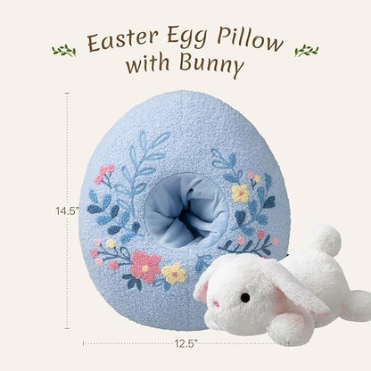 Phantoscope Happy Easter Egg Shaped Throw Pillow with Bunny, Teddy Fleece Soft Egg Pillow with Floral Embroidered Decorative Pillows for Couch Sofa Bed Chair, Favors Gifts, Blue, 14.5 x 12.5 Inches