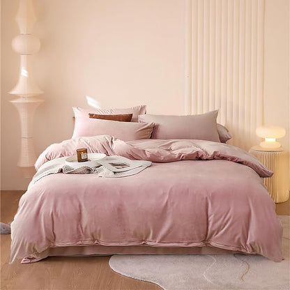 Luxlovery Pink Velvet Comforter Set King Dusty Pink Flannel Plush Bedding Comforter Winter Thick Warm Solid Haze Pink Quilts Blanket Soft Heavyweight Comforter Set for King Bed