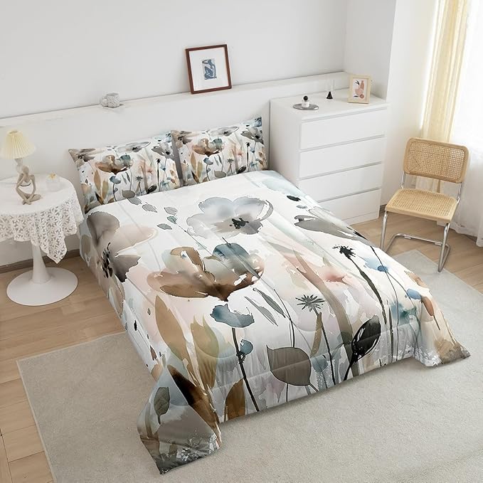 Erosebridal Boho Wildflower Comforter Set Full Grunge Abstract Floral Bedding Set for Kids Girls Women,Spring Farmhouse Botanical Bedding Comforter Sets Rustic Country Bed Set Brown Blue