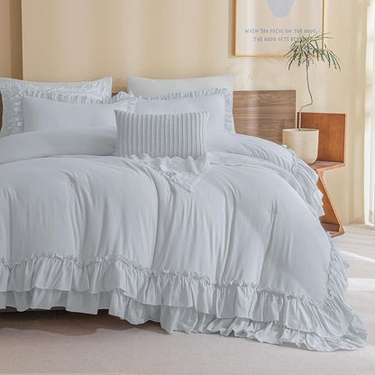 Masaca Ruffle Comforter Full Size,3 Pieces Farmhouse Shabby Boho Chic Full Bedding Set,Vintage Ruffled Rustic Light Blue Bedding Comforter Set for All Season