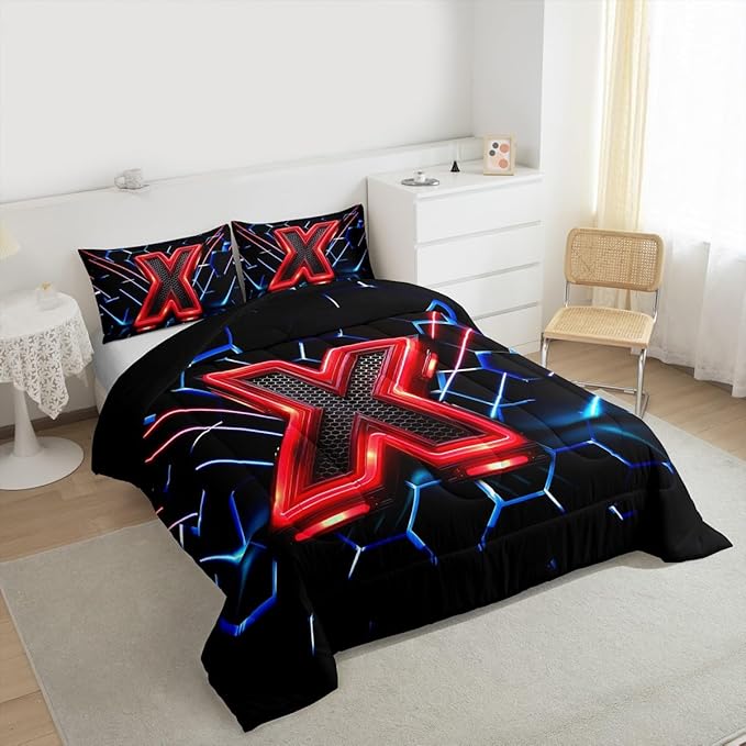 Manfei Geometric Honeycomb Kids Comforter Set Twin Size,Blue Neon Hexagon Abstract Bedding Set for Boys Girls Man Room Decor,Light Gaming Fashion Down Comforter,Red Black Duvet Insert,1 Pillowcase
