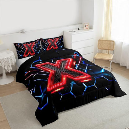 Manfei Geometric Honeycomb Kids Comforter Set Twin Size,Blue Neon Hexagon Abstract Bedding Set for Boys Girls Man Room Decor,Light Gaming Fashion Down Comforter,Red Black Duvet Insert,1 Pillowcase