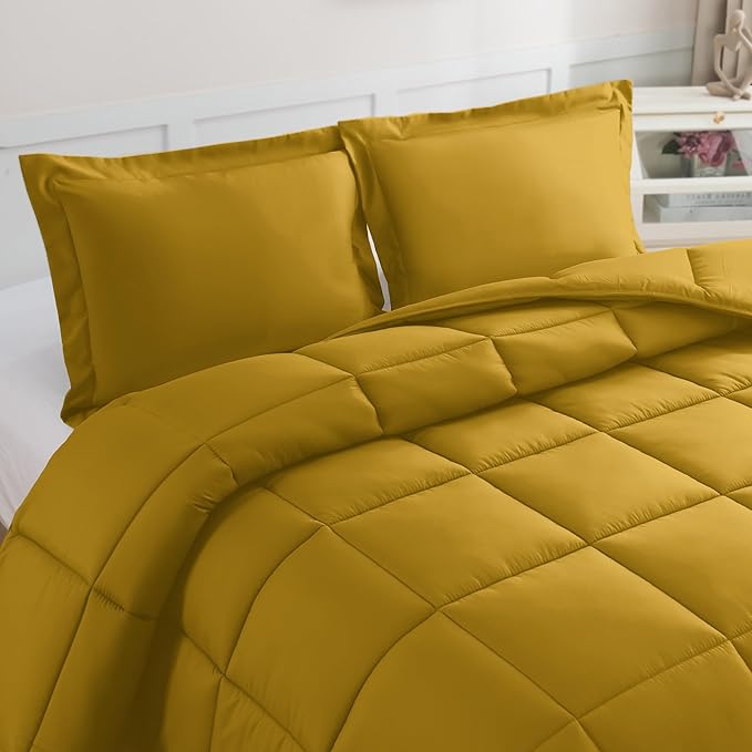 Elegant Comfort 3-Piece Box Stitched Down Alternative Comforter with Shams - Ultra Soft for All Season Duvet Insert with Corner Tabs, Plush Cozy 3PC Comforter Set, California King, Mustard Yellow