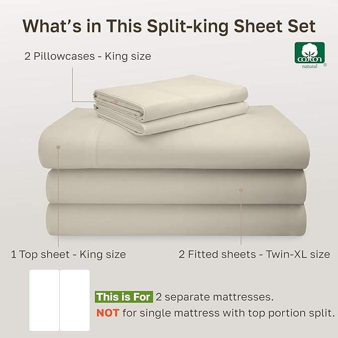 California Design Den Split King Sheet Set - 100% Cotton, 600 Thread Count Sateen, Breathable Luxury King Size Sheets for Adjustable Bed, Luxury Soft Hotel Quality Sheets - Ivory (Warm Cream)