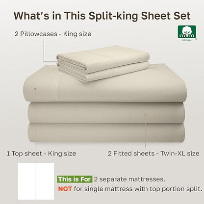 California Design Den Split King Sheet Set - 100% Cotton, 600 Thread Count Sateen, Breathable Luxury King Size Sheets for Adjustable Bed, Luxury Soft Hotel Quality Sheets - Ivory (Warm Cream)