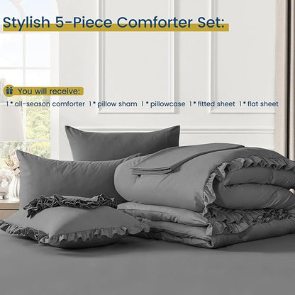 QUIETSEA Twin Bed in a Bag 5 Pieces Comforter Set Twin, Ruffle Shabby Chic Bedding Comforter Set Dark Grey Bed Set with Comforter, Pillowcase, Flat Sheet, Fitted Sheet and Pillow Sham