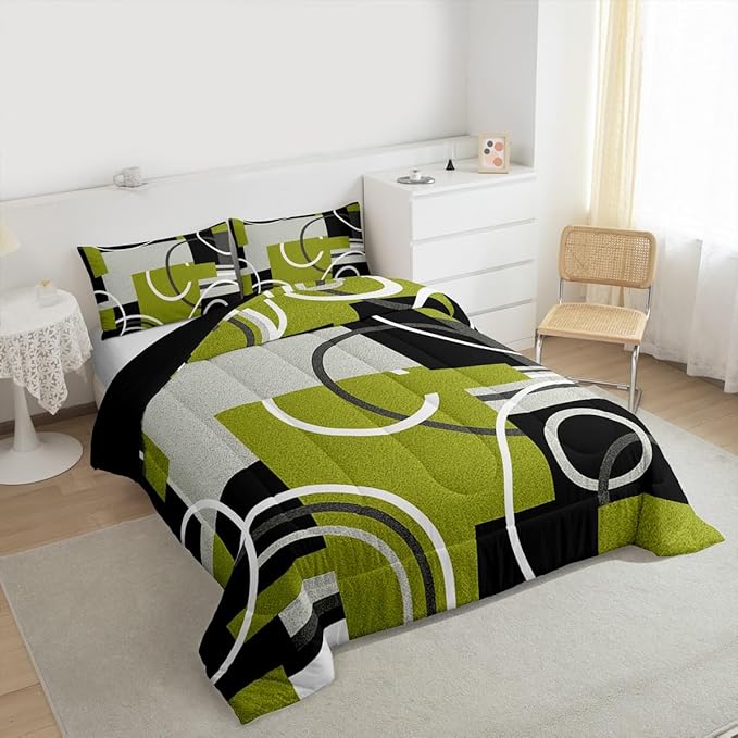 Circles Swirls Comforter Set King For Bedroom Decor Green Yellow Beddings Geometric Square Gromment Quilt Black Gray Patchwork Duvet Insert Modern Graphic Texture Down Comforter With 2 Pillowcases